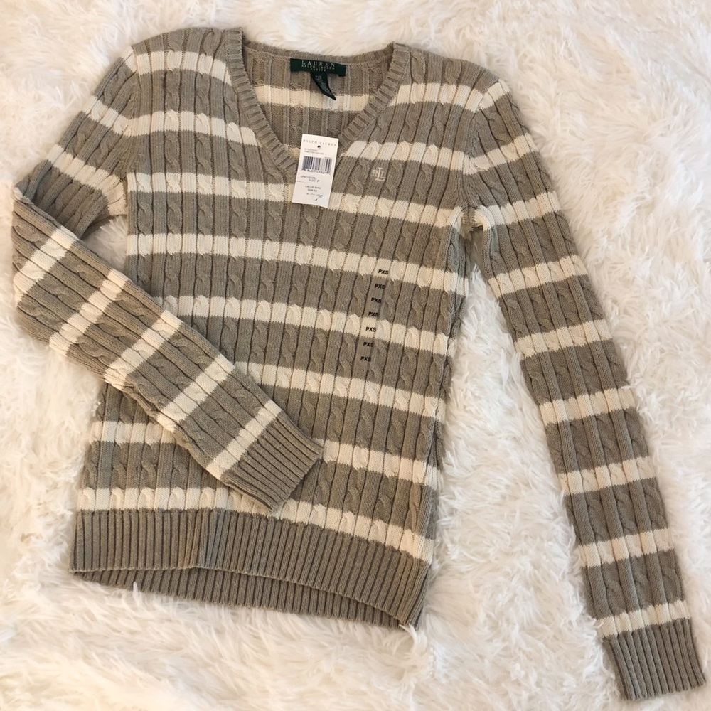 Lauren Ralph Lauren Taupe and Cream Striped V-Neck Cable Knit Sweater